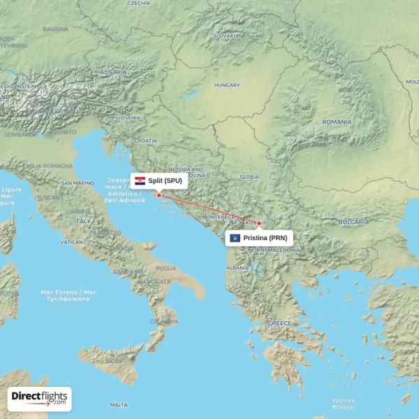 Pristina - Split direct flight map