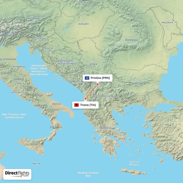 Pristina - Tirana direct flight map