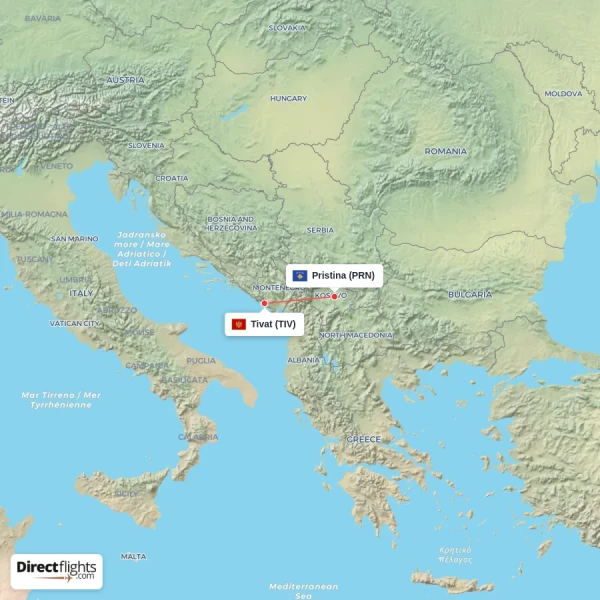 Pristina - Tivat direct flight map