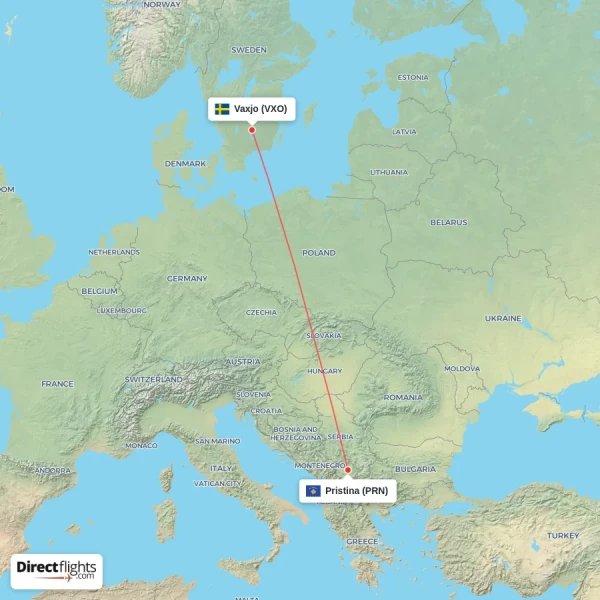 Pristina - Vaxjo direct flight map