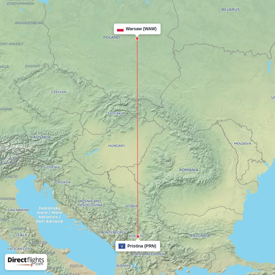 PRN - WAW route map