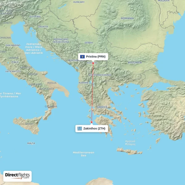 Pristina - Zakinthos direct flight map