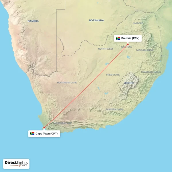 Pretoria - Cape Town direct flight map
