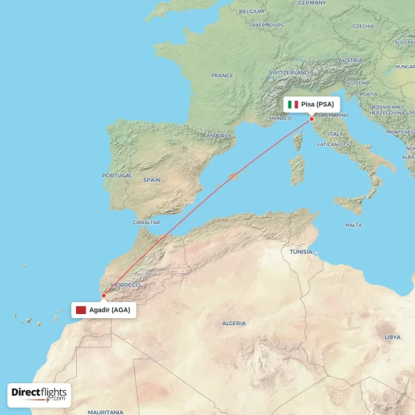 Pisa - Agadir direct flight map