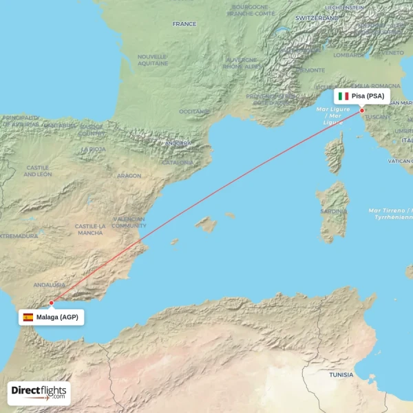 Pisa - Malaga direct flight map