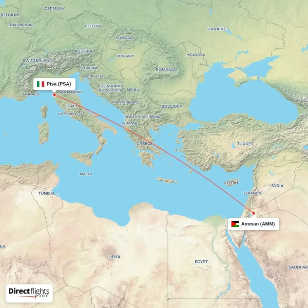 Pisa - Amman direct flight map