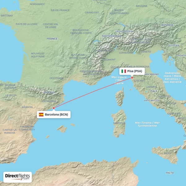 Pisa - Barcelona direct flight map