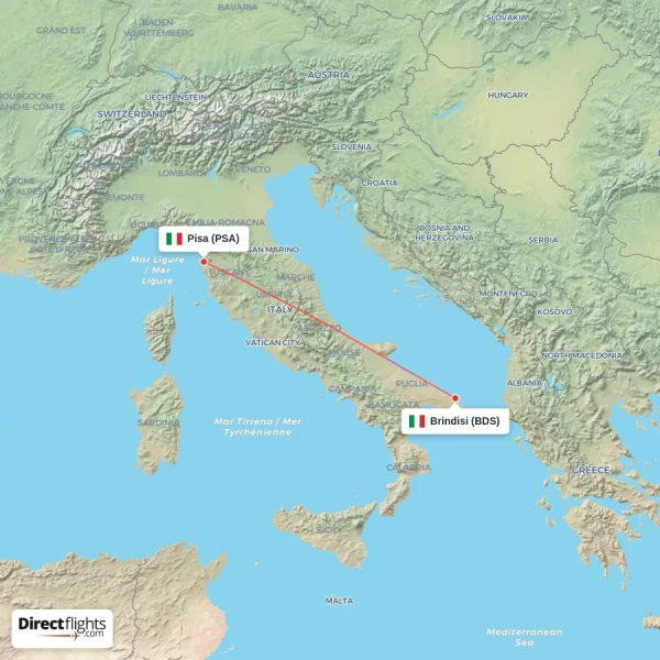 Pisa - Brindisi direct flight map