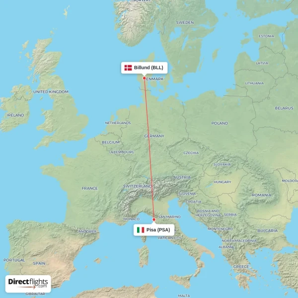 Pisa - Billund direct flight map