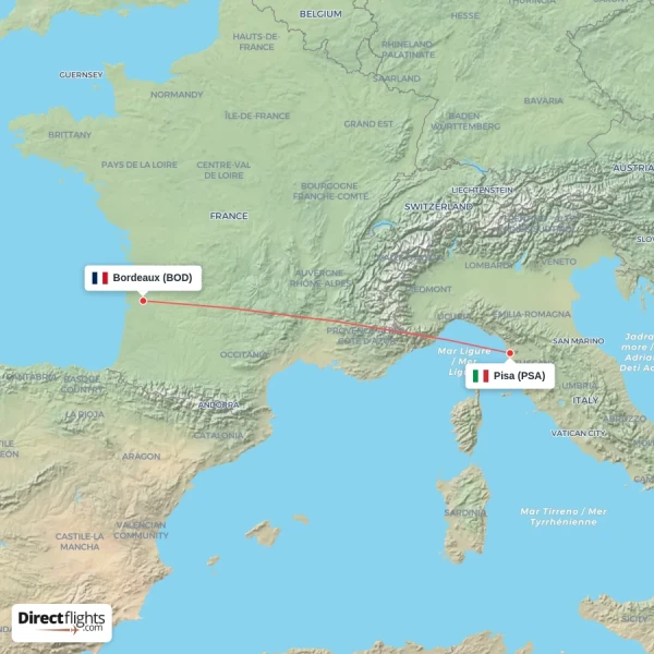 Pisa - Bordeaux direct flight map
