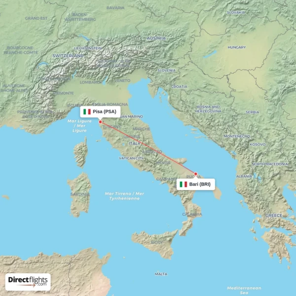 Pisa - Bari direct flight map