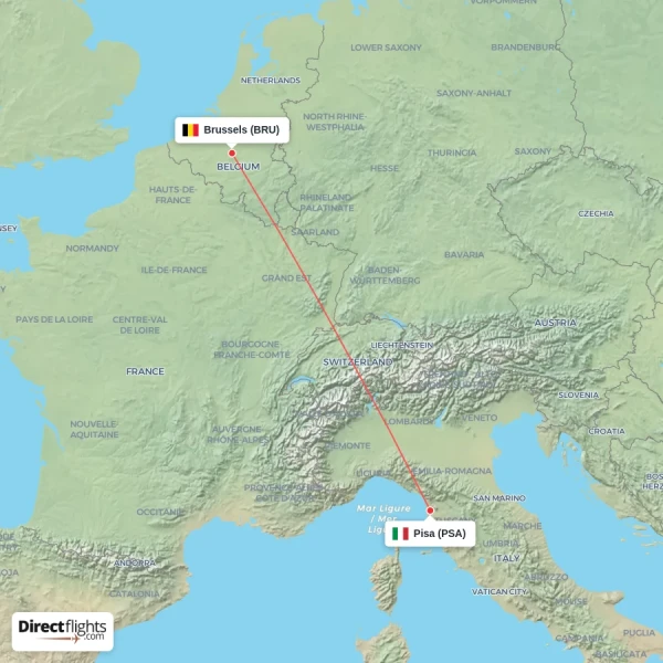 Pisa - Brussels direct flight map