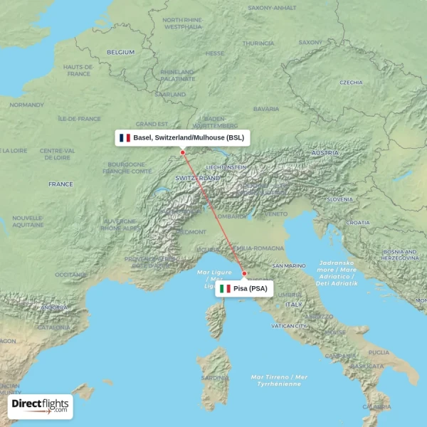 Pisa - Basel, Switzerland/Mulhouse direct flight map