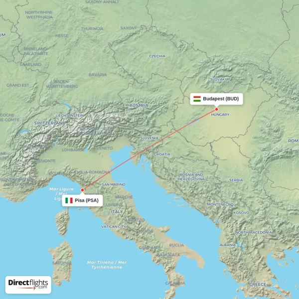 Pisa - Budapest direct flight map
