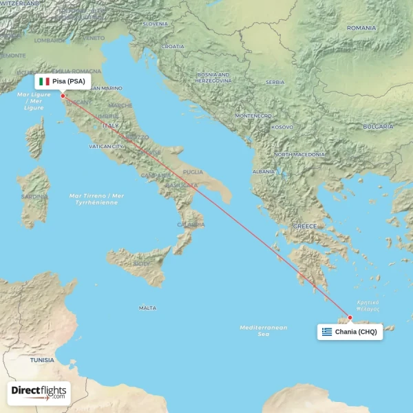 Pisa - Chania direct flight map