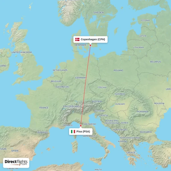 Pisa - Copenhagen direct flight map