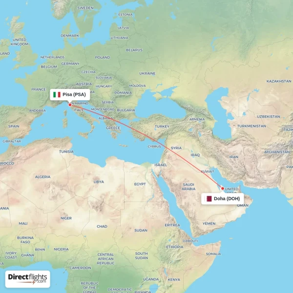 Pisa - Doha direct flight map
