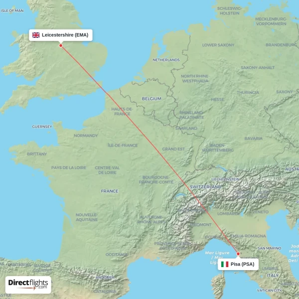 Pisa - Leicestershire direct flight map
