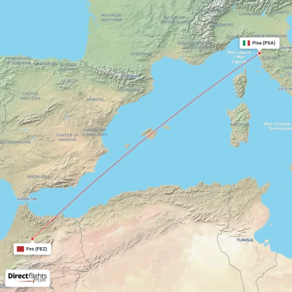 Pisa - Fes direct flight map