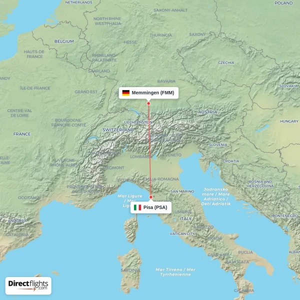 Pisa - Memmingen direct flight map