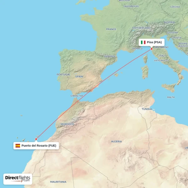 Pisa - Puerto del Rosario direct flight map