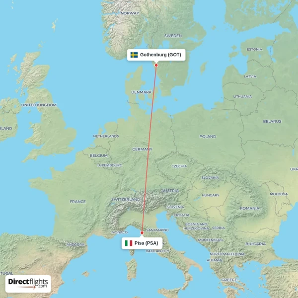 Pisa - Gothenburg direct flight map