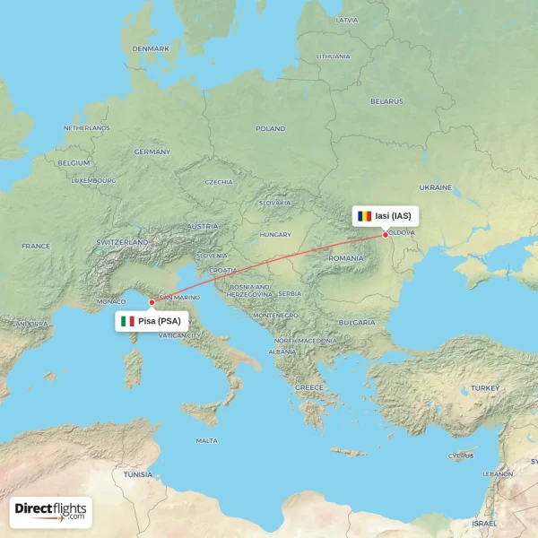 Pisa - Iasi direct flight map