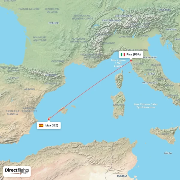 Pisa - Ibiza direct flight map