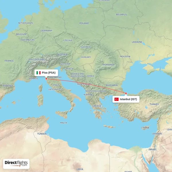 Pisa - Istanbul direct flight map