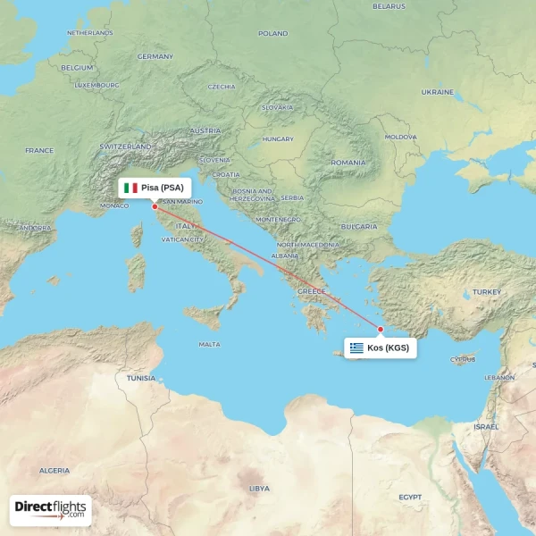 Pisa - Kos direct flight map