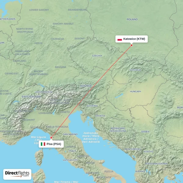 Pisa - Katowice direct flight map