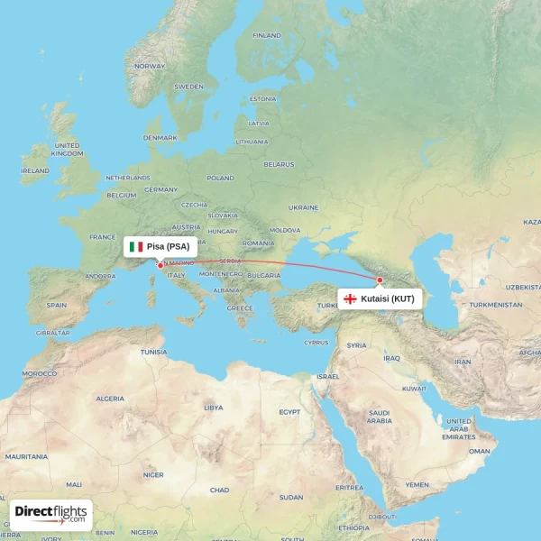 Pisa - Kutaisi direct flight map