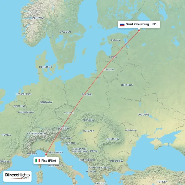 Pisa - Saint Petersburg direct flight map