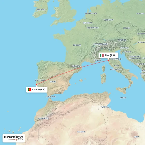 Pisa - Lisbon direct flight map
