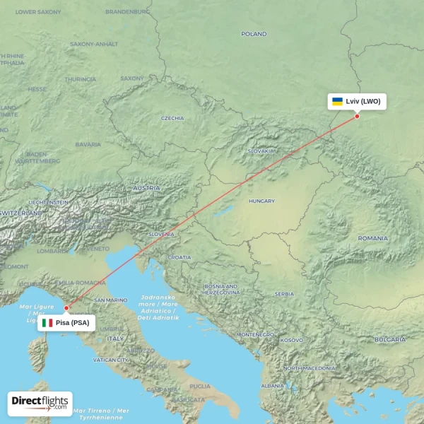 Pisa - Lviv direct flight map