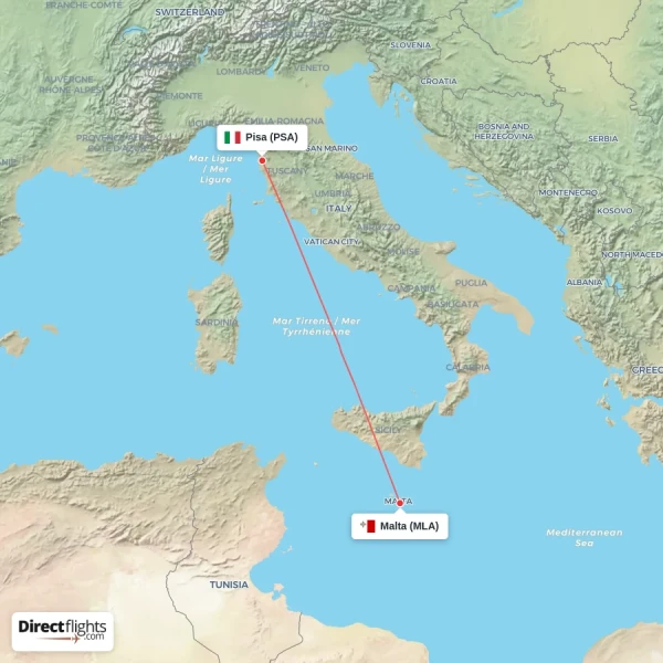 Pisa - Malta direct flight map