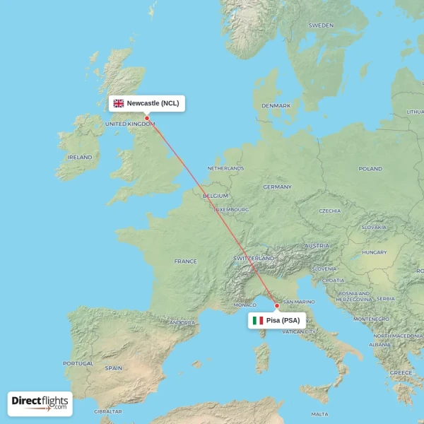Pisa - Newcastle direct flight map