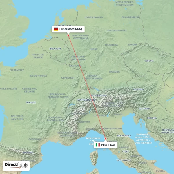 Pisa - Dusseldorf direct flight map