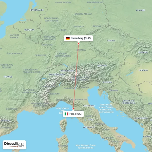 Pisa - Nuremberg direct flight map
