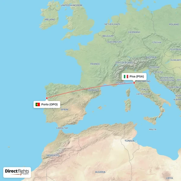 Pisa - Porto direct flight map