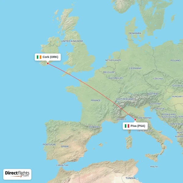 Pisa - Cork direct flight map