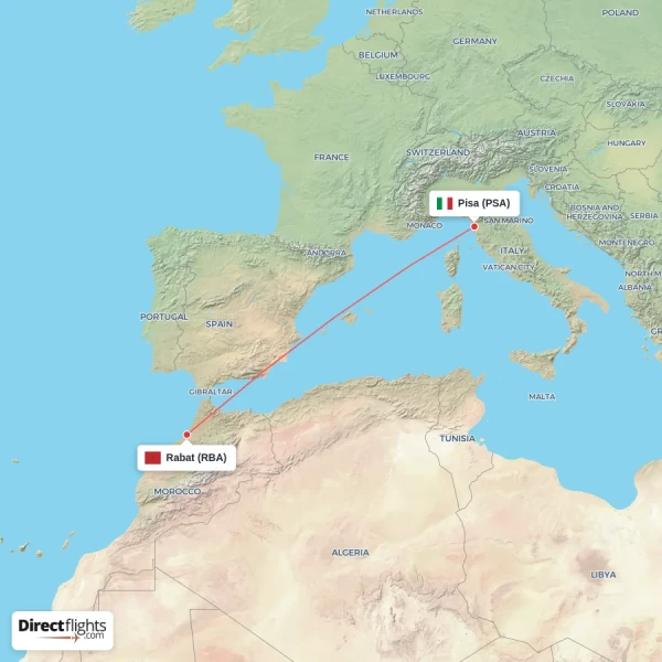 Pisa - Rabat direct flight map