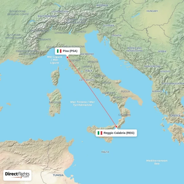 Pisa - Reggio Calabria direct flight map