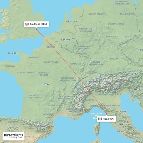 Pisa - Southend direct flight map