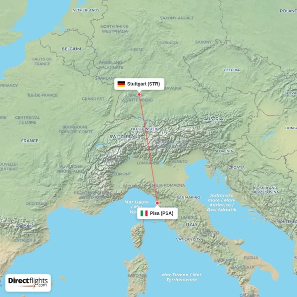 Pisa - Stuttgart direct flight map