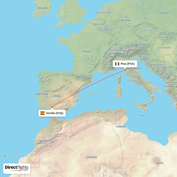 Pisa - Sevilla direct flight map