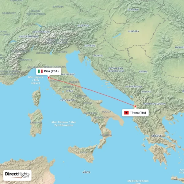 Pisa - Tirana direct flight map