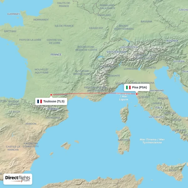 Pisa - Toulouse direct flight map