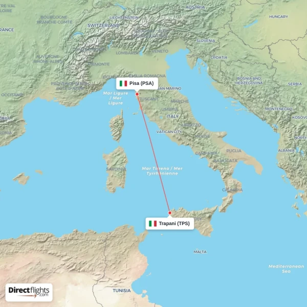 Pisa - Trapani direct flight map