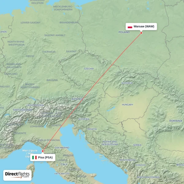 Pisa - Warsaw direct flight map
